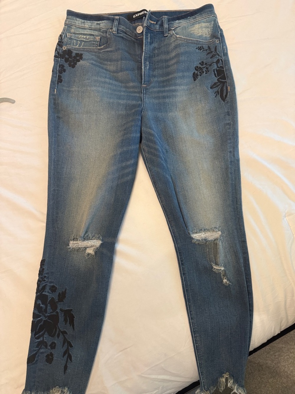 Express Blue Skinny Jeans with Black Floral Embroidery